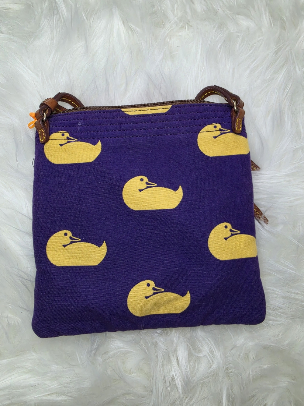 Dooney & Burke Crossbody Bag with Yellow Duck Print on Purple - Picture 3 of 5